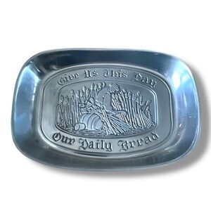 Vintage Pewter Platter Our Daily‎ Bread Christian Religious Prayer Metal Dish